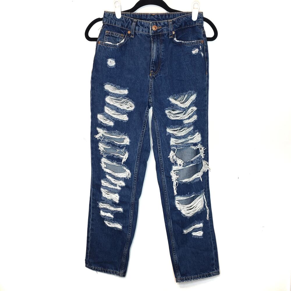 Bershka Mom Jeans distressed ripped high waisted tapered leg size 4